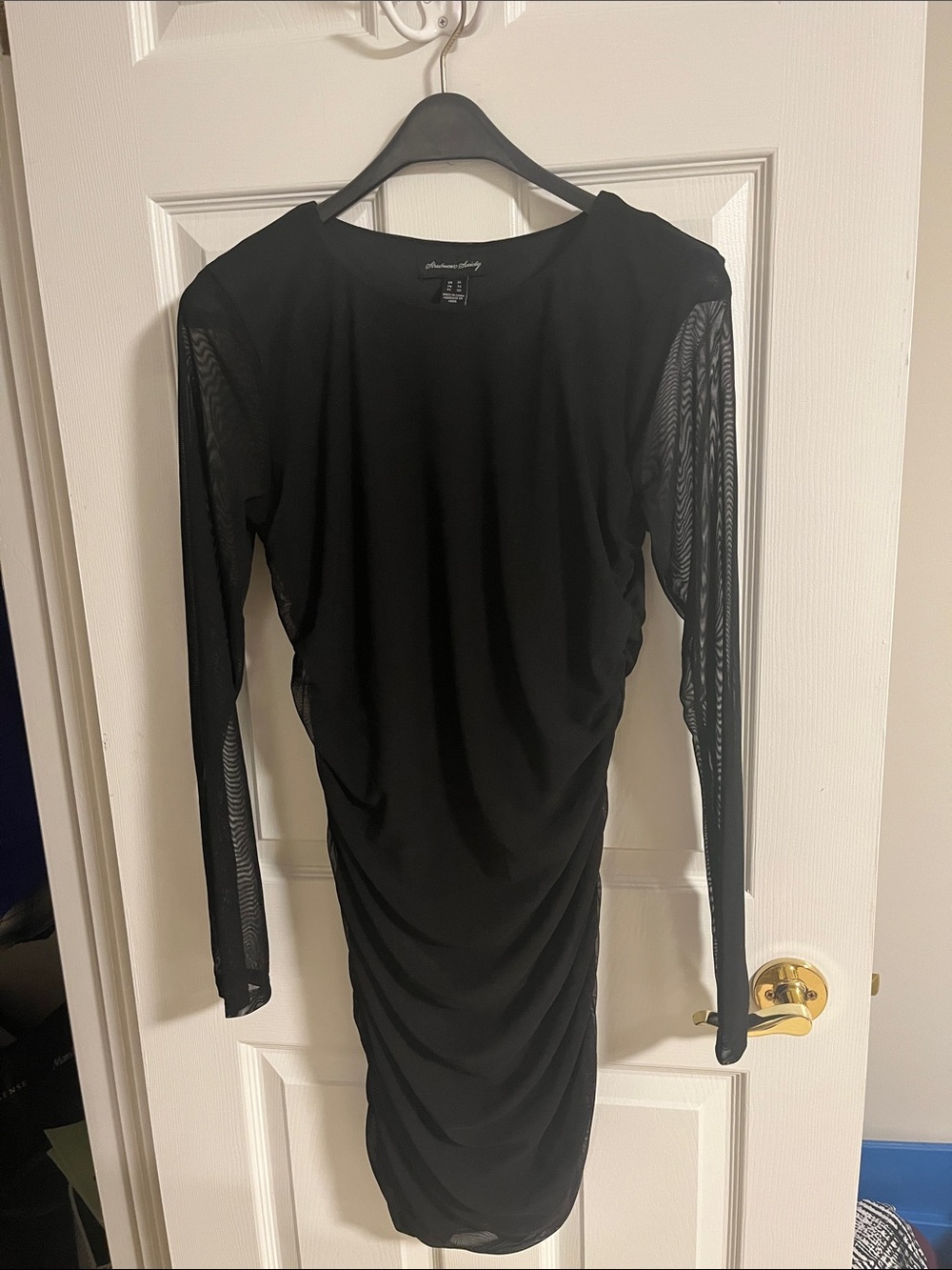 Streetwear Society Black Long-Sleeve Ruched Mesh-Sleeve Bodycon Dress